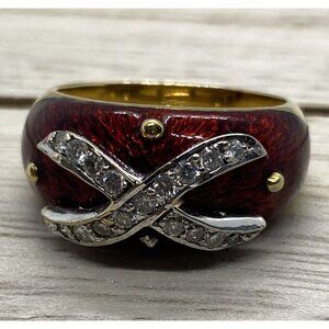 Hidalgo 18K 750 Yellow Gold Diamond Enamel Ring Size 6.5